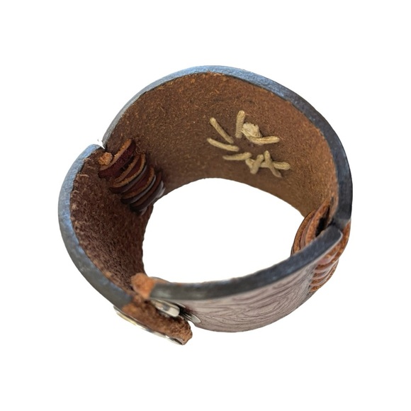 Handmade Tooled Embossed Leather Cuff Bracelet, Brown, Size Small - Picture 2 of 7